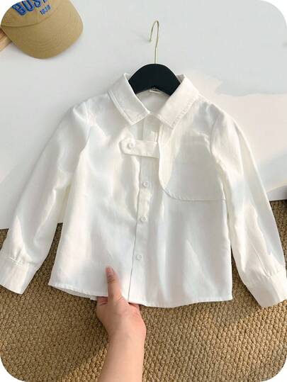 SHEIN 儿童/男童休闲韩版多口袋白色长袖衬衫，百搭款式，适合上学、花园、海滩、生日等场合，春夏秋冬皆宜。
