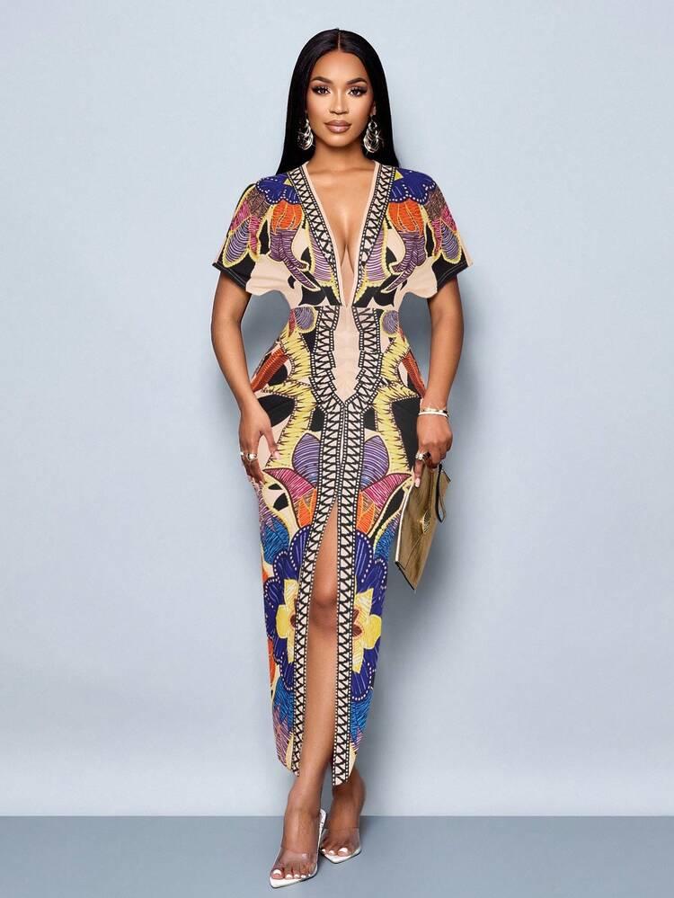 SOLERSUN 女士优雅链条印花开衩大腿紧身连衣裙，性感深 V 领，高腰印花蝙蝠袖连衣裙 - 藍色 - 查看 1