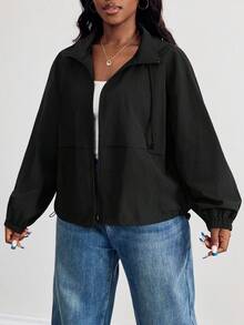 SHEIN PETITE CURVE 大码纯色前拉链长袖休闲连帽防晒轻便夹克 - 黑色 - 查看 3