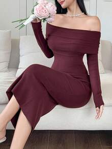 DAZY فستان كنزة صوفية أنيق بلون أحادي منسدل عن الكتف، خريفي - عنابي اللون - مشاهدة 3