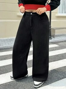 SHEIN ICON Plus Size Women Loose Casual Versatile Denim Wide Leg Pants