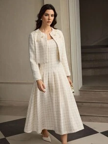 ZEYLAH Women's Plain Beaded Short Jacket, Long Sleeve, Autumn/Winter - Apricot - View 6