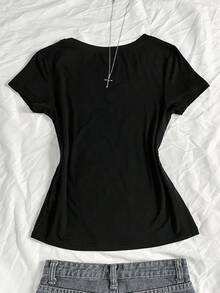 StreetHx Women's Summer V-Neck Slim Fit T-Shirt With Cross Embroidery, Punk Subculture Anime Embroidered Short Sleeve V-Neck T-Shirt - Black - View 2