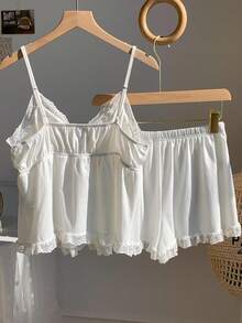 Comfortcana Knitted Camisole With Padded Bra & Shorts Lace Trim Loungewear Set - White - View 2