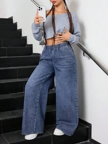 SHEIN Jeans azules de pierna recta y holgados para adolescentes - Azul lavado oscuro - Ver 4