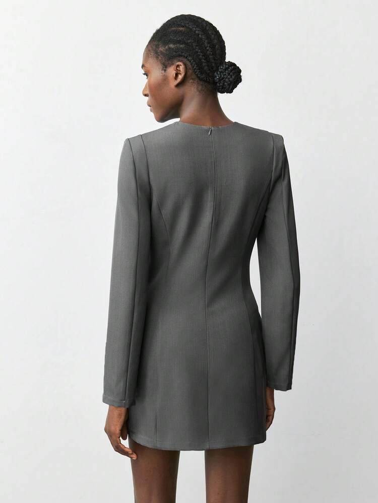 SHEIN Maija 2025 Modern City Style Round Neck Wide Shoulder Fitted Decorative Pocket Mini Dress For Women, Suitable For Early Autumn Back To School Season And Party Season,Old Money Style,Classic And Wearable Dress,Olive Green,Business Casual Woman,Classic Urban Dress,
