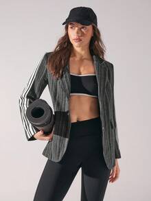 Menodora SHEIN Sport Áo blazer nữ thời trang công sở kẻ sọc tương phản, trang phục mùa thu đông cho nữ - màu đen - Xem 2