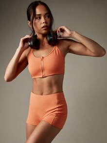 MISSGUIDED Sujetador deportivo de alto impacto con cierre delantero, espalda de tirantes, soporte para entrenamiento, correr, yoga y fitness, top de compresión con cuello alto y panel de malla - Naranja - Ver 5