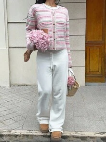 SHEIN Unity Fashionable Loose Colorful Striped Women's Drop Shoulder Long Sleeve Cardigan - Multicolor - View 5