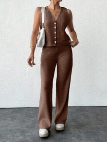 SHEIN Tall Tall Size Two Pieces Set With Vest And Pants - Brown - View 6