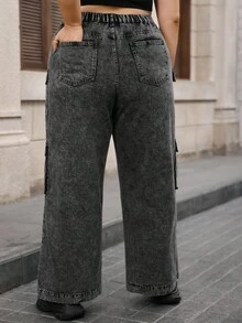 SHEIN Unity Jeans cargo de pierna ancha, corte holgado y talla grande - Negro - Ver 2