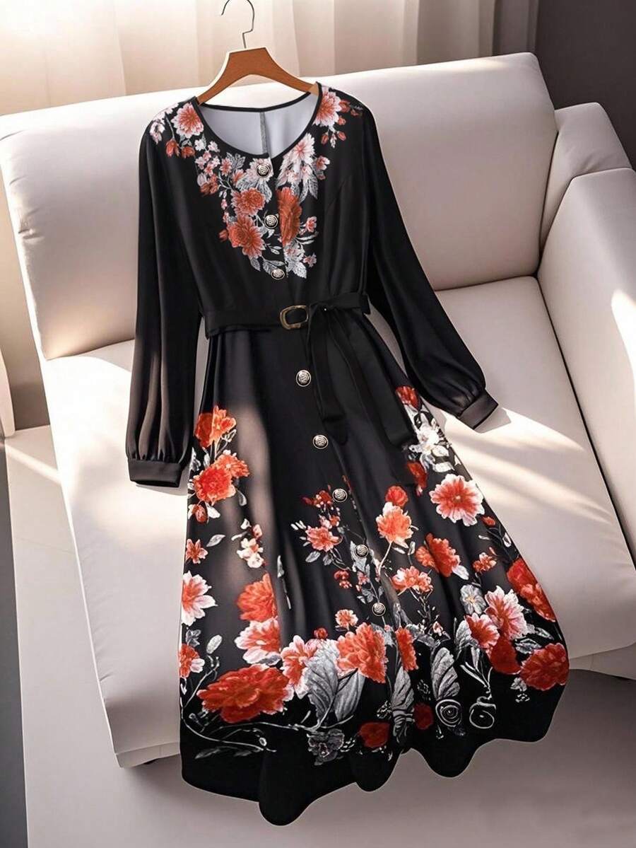 SHEIN Clasi Plus Size Women's Floral Print Metal Buckle Tie Waist Split Hem Dress, Fashionable, Elegant, Versatile, Suitable For Vacation & Romantic Occasions - Black - View 1