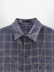 NEON BLANC Men's Street Fashion Woven Rhinestone Spider Web Plaid Short Sleeve Shirt, Halloween - Navy Blue - View 4