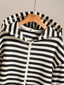 Teen Girls' Casual V-Neck Loose Striped Drawstring Hooded Long Sleeve Jacket, Suitable For Daily Commute, Spring/Autumn Fall Winter - Black and White - View 4