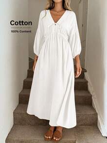 Easowa Đầm suông cổ chữ V, thắt nơ, tay áo đèn lồng, eo nhún, dáng chữ A, viền xòe, hai lớp, chất liệu vải crepe 100% cotton, dáng rộng, phong cách cổ điển, thường ngày dành cho nữ - trắng - Xem 7