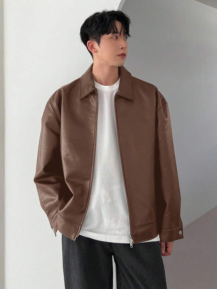 Men's Solid Coffee Brown Leather Jacket, Autumn