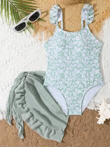 1pc Tween Girl Random Print One-Piece Swimsuit - Dark Green - View 1