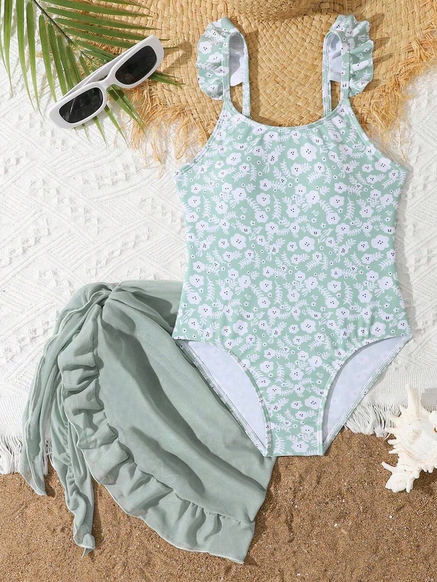 1pc Tween Girl Random Print One-Piece Swimsuit - Dark Green - View 1