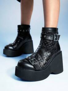 Sugerpunk 女士舒适透气踝靴，适合休闲派对，哥特式金属扣双带后拉链设计，黑色朋克风厚底粗跟踝靴，夏季必备 - 黑色 - 查看 10