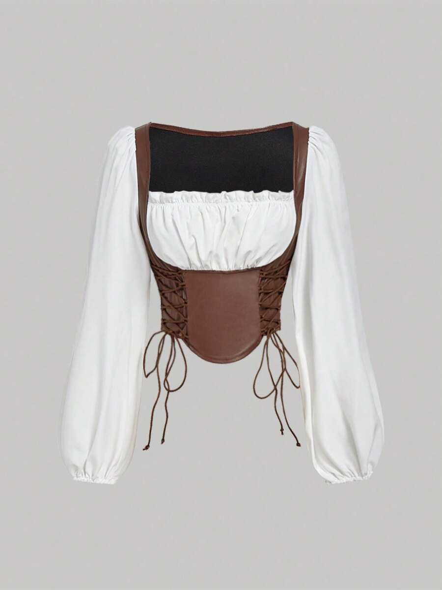 SHEIN MOD Áo kiểu nữ tay phồng phối da màu nâu trắng, buộc dây. - màu nâu - Xem 1