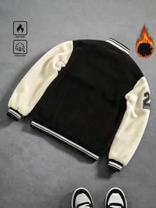 PAVTROS Men's Letter Graphic Contrast Color Zipper Front Casual Baseball Jacket, Autumn/Winter Letterman Jacket Fleece Jacket Mens Varsity Jacket Streetwear Jacket Fleece Lined Jacket Letter Men Jacket