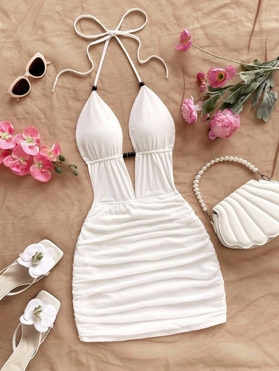 Soleia Vestido mini con escote profundo en V, tirantes con lazo y espalda descubierta para mujer, ajuste ceñido con drapeado, adecuado para fiesta, cita, té de la tarde, vacaciones de verano en la playa con estilo - Blanco - Ver 1