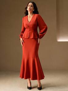 Anewsta Elegante Bluse mit tiefem V-Ausschnitt, Puffärmeln, Twist-Taille und weitem Saum