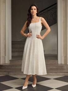 ZEYLAH 女式方领无袖优雅珍珠串珠腰喇叭裙 - 杏色 - 查看 4