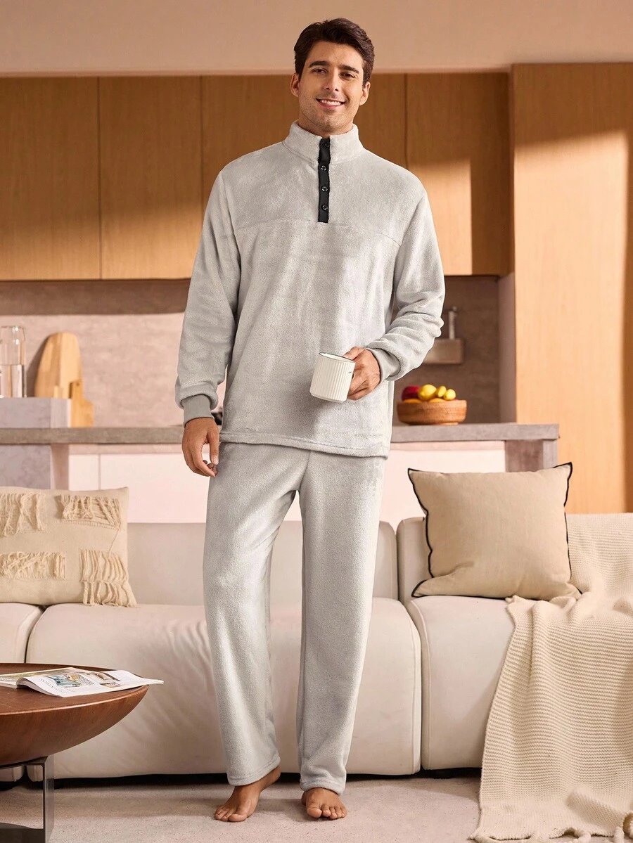 Manfinity Underwear&Sleepwear Basics Men's Fleece High Neck Half-Button Casual Loose Fit Long Sleeve Top & Pants Loungewear Fluffy Set, Fall Winter Clothes, Cozy