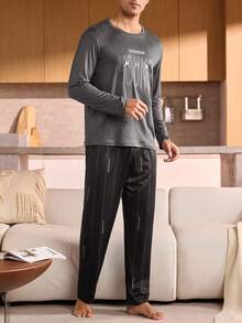 Manfinity Underwear&Sleepwear Basics Conjunto de pijama de talla grande para hombre con parte superior de cuello redondo de manga larga y pantalones con estampado simple - Gris Oscuro - Ver 3