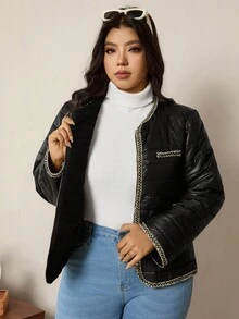 Zelara Plus Size Contrast Color Casual Long Sleeve Padded Coat, Versatile And Warm For Autumn/Winter Black Quilted Jacket Women Women Quilted Jacket Quilted Jacket With Trim Black Jacket With Gold Trim Lightweight Quilted Jacket Cropped Jackets Winter Jackets Autumn Party Fall - Black - View 5