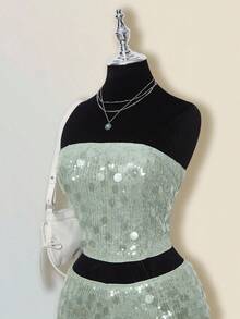 SHEIN ICON Váy khiêu vũ dự tiệc cá nhân phong cách thiên niên kỷ Y2K đơn giản cổ điển lớn đính sequin thời trang hiện đại dành cho nữ Áo ống ôm sát Chân váy ngắn cạp thấp hông Bộ đồ màu xanh lá cây - màu xanh lá - Xem 7