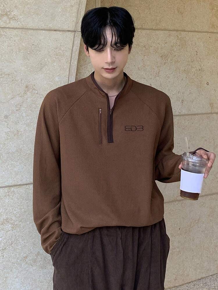 Men's Color Block Collar Letter Embroidery Brown T-Shirt, Autumn Quarter Zip Men