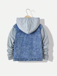 SHEIN Explorewe Denimly Boys' Casual Daily Urban Street Hoodie Fabric Patchwork Design Detachable Hood, Simple & Comfortable Washed Denim Jacket Fall Winter