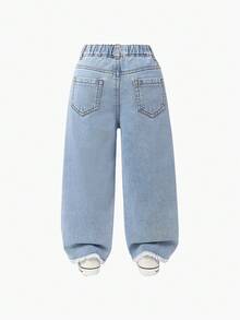 年轻女孩休闲时尚舒适学院风松紧腰刺绣做旧阔腿牛仔裤 - 淺色水洗藍 - 查看 2