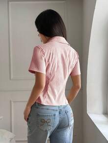 Chiquease 法式修身黄白条纹短袖优雅办公室女式衬衫衬衫纽扣上衣条纹衬衫短款衬衫女式衬衫和上衣 - 紅色 - 查看 2