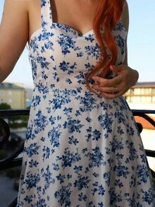 Gretanique New Ditsy Floral Shoulder Tie Cinched Waist Fit & Flare Casual Elegant Summer Holiday Dress, Slim & Flattering