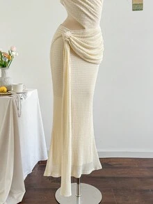 Soleia 女式纯色无袖腰部镂空褶饰性感连衣裙 - 杏色 - 查看 5