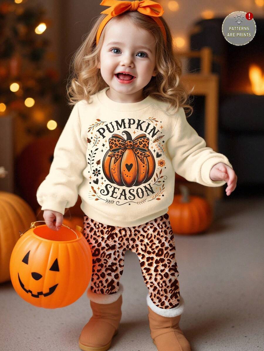 Bộ áo nỉ chui đầu và quần legging họa tiết bí ngô nơ báo dễ thương phong cách Halloween cho bé gái, chất liệu Maillard, cổ tròn dày, dệt kim mềm mại, dài tay, thích hợp cho mùa thu/đông - Nhiều màu - Xem 1