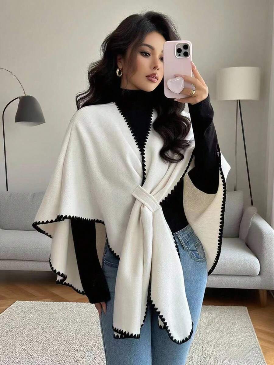 Rafferiza 新款优雅秋冬披肩多功能斗篷女士羊毛布女士秋季搭配外套 - 杏色 - 查看 1