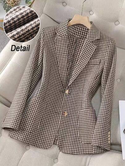 GlowEve CURVE Plus Size Women's Autumn Houndstooth Lapel Collar Long Sleeve Single-Breasted Elegant Blazer Fall Cloth For Women Winter