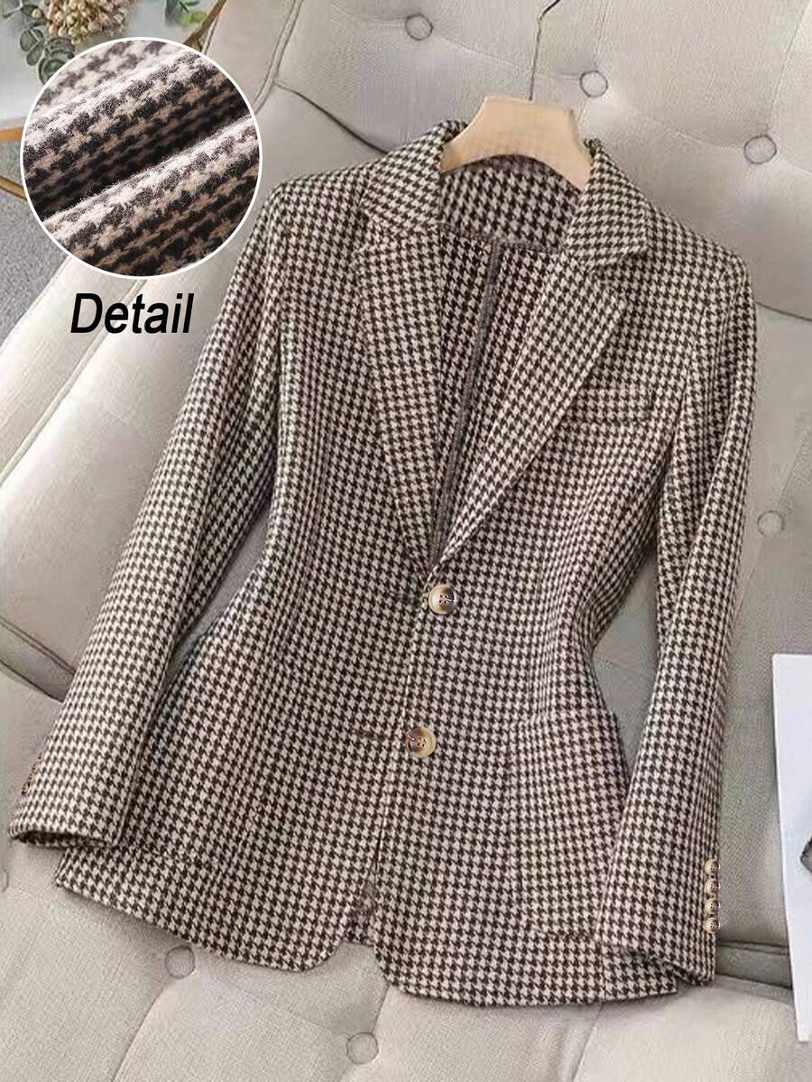 GlowEve CURVE 大码女式秋季千鸟格翻领长袖单排扣优雅西装外套，适合女士冬季穿着 - 咖啡棕 - 查看 1