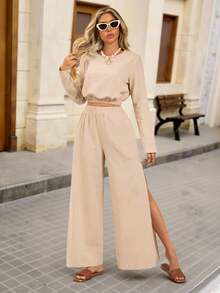 Brillora Autumn And Winter Outdoor Holiday Date Outfits, Autumn And Winter Outdoor Vacation Crew-Neck Long-Sleeved Shirts And Loose Wide-Leg Pants With High Slit Pants For Women, Summer Beach Outfits For Holidays, School Uniforms, Very Simple Outfits, Women's Country Outfits, Office Wear, Old Money Wear, Teacher Wear, Date Wear, Graduation Season, Women's Suits - Apricot - View 1