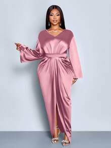 SOLERSUN 大码春秋新款亮面面料V领褶皱腰长袖开衩系带蝴蝶结长裙优雅办公室生日派对舞会性感俏皮鸡尾酒婚礼季演唱会礼服时尚女装 - 藕粉色 - 查看 4