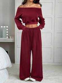 SHEIN EZwear 2pcs Women Burgundy Asymmetric Collar Drop Shoulder Cropped Top And Wide Leg Casual Pants Set, Autumn,Fall - Burgundy - View 3