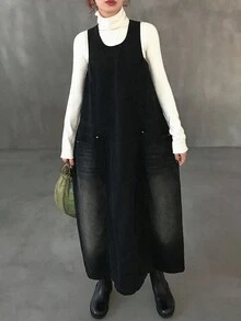 FRIFUL 女式休闲宽松牛仔双口袋连衣裙 - 藍色 - 查看 3