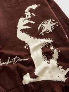 ROMWE MEN ROMWE Avant Men's Crew Neck Distressed Figure Pattern Sweater, Fall Winter - Mocha Brown - View 3