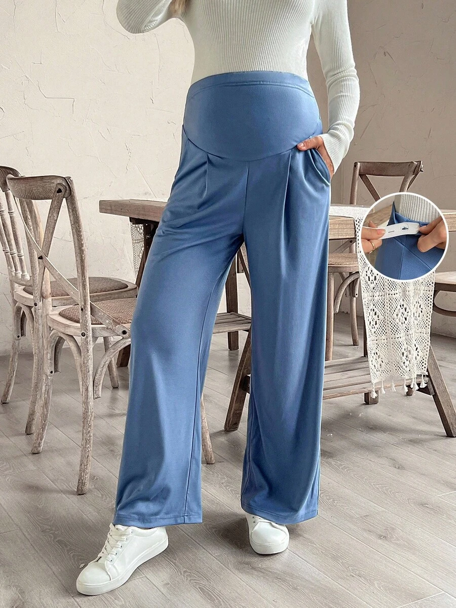 SHEIN Maternity Casual Solid Color Adjustable Waist Activewear - Dusty Blue - View 1