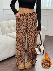 SHEIN Tall Quần nỉ họa tiết da báo mới dành cho nữ, phù hợp cho mùa thu/đông, quần họa tiết da báo, quần họa tiết da báo, quần dài mặc nhà, quần họa tiết động vật, quần vải lông, quần họa tiết da báo cho nữ, quần lông - Màu Khaki - Xem 1