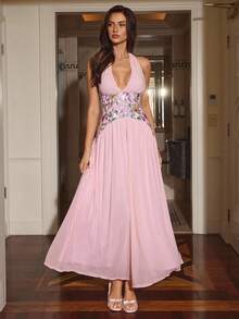 Aloruh Váy hở eo thêu sequin cổ chữ V sâu cho nữ lãng mạn - Hồng - Xem 4